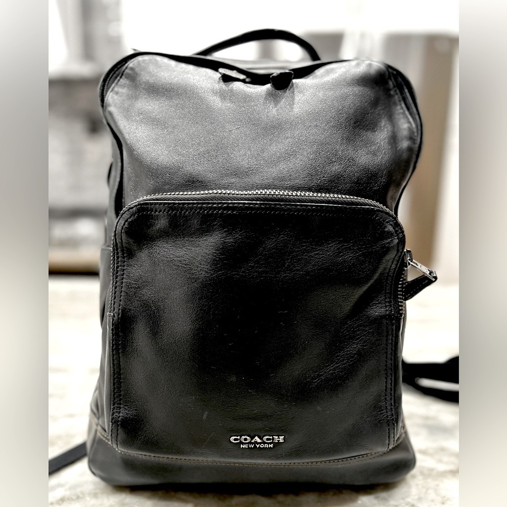 Coach Authentic Large Black Leather Backpack With Brown Contrast Topstitching